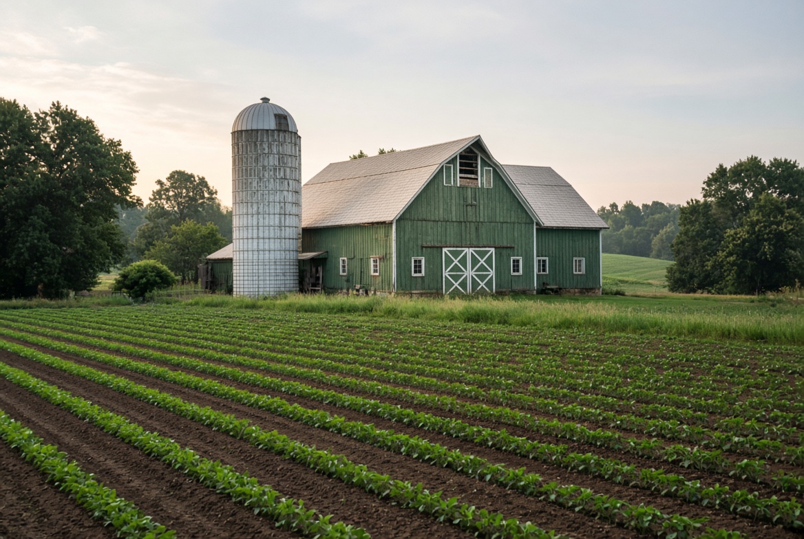 Green barn and crop rows